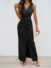 Elasticity Knot Solid Color Split-Front Split-Joint Zipper Bodycon High Waisted V-Neck Maxi Dresses
